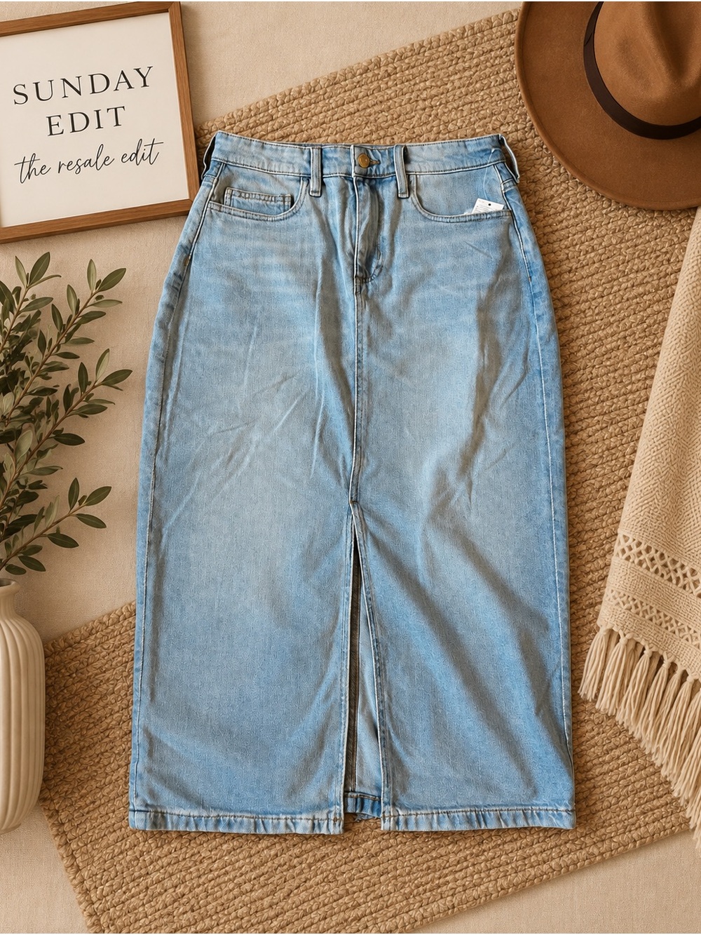 Lands' End Light Blue Straight Denim Skirt with Front Slit - NWT
